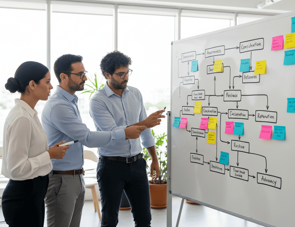 Equipo de estrategia discutiendo mapeo de viaje del cliente usando diagrama de flujo en pizarra con notas adhesivas de colores