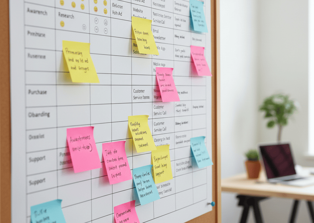 Tabla de customer journey map mostrando etapas de viaje del cliente con emojis de sentimientos, puntos de contacto y oportunidades de mejora anotadas