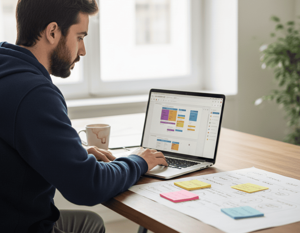 Diseñador trabajando en laptop mostrando prototipo de mapa de viaje del cliente con notas de sesión de descubrimiento junto a él
